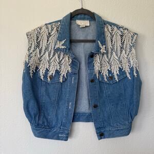 Vintage Y2K Cache Beaded Lace Embroidered Denim Vest Boho Festival Coachella L